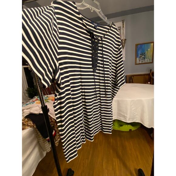 Women's Chaps3X Black / White Striped T-Shirt, Short Sleeves, lace up front neck - Picture 5 of 12